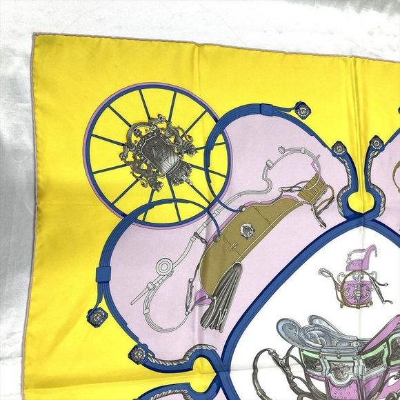 Hermes Carre 90 Springs Carriage Ledoux Scarf Silk Yellow Pink Women - Picture 2 of 9